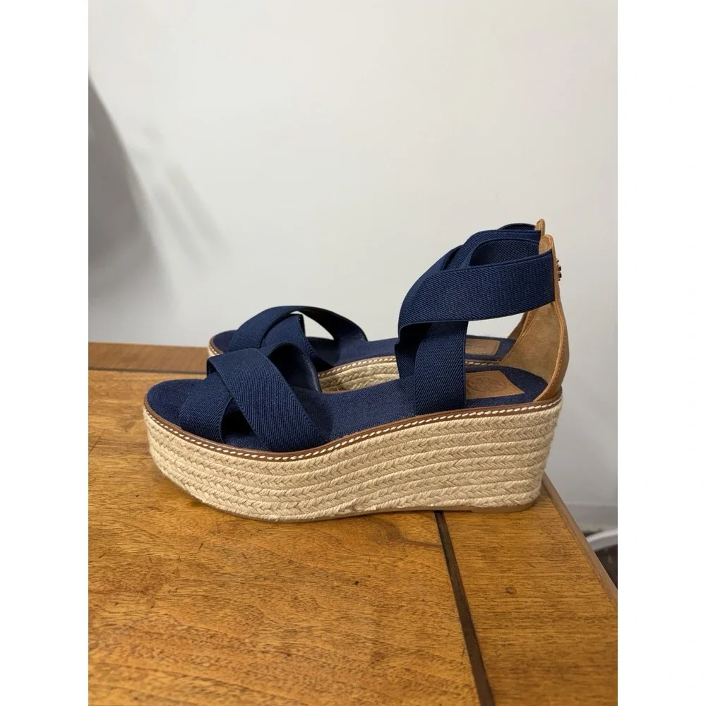Tory Burch Women's Size 10.5 Navy 50mm Frieda Espadrille Wedge Sandals Stretch